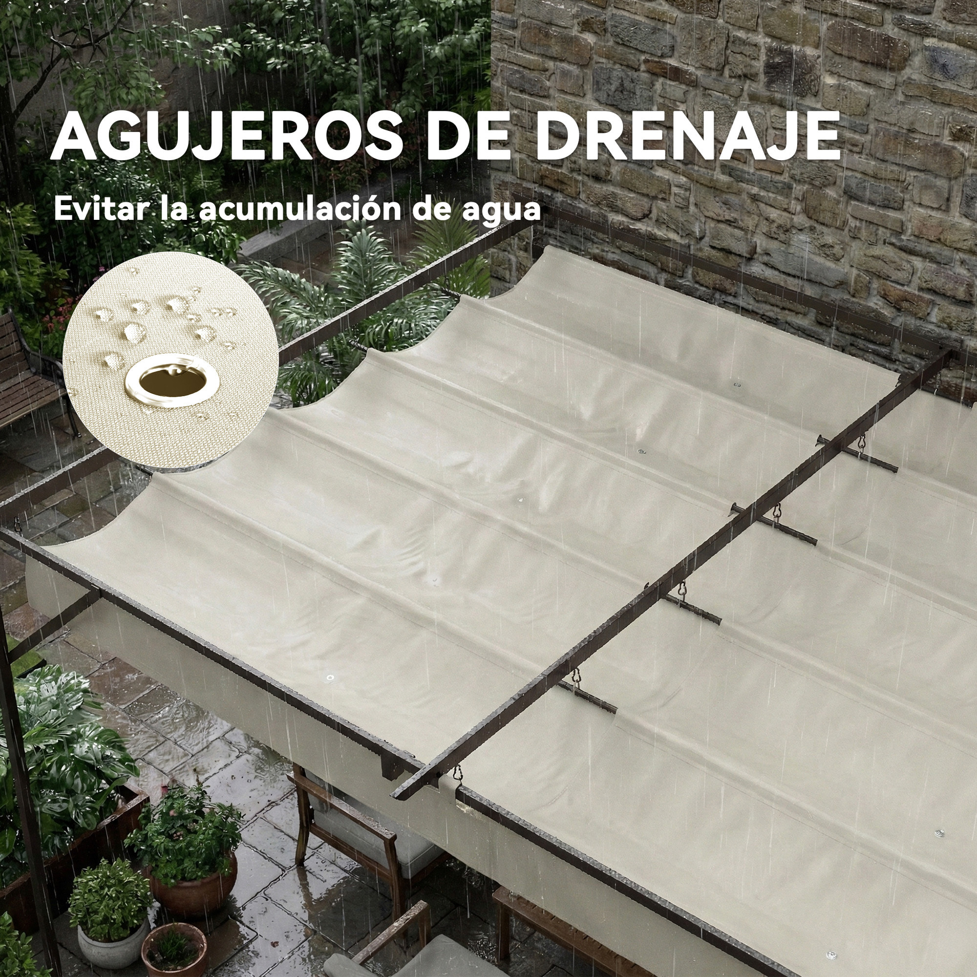 Pérgola de Pared de Jardín 3x3 m, Cenador de Jardín con Techo Retráctil, Protección UPF30+, Orificios de Drenaje y Estructura Metálica, Pabellón para Patio, Terraza, Exterior, Blanco Crema