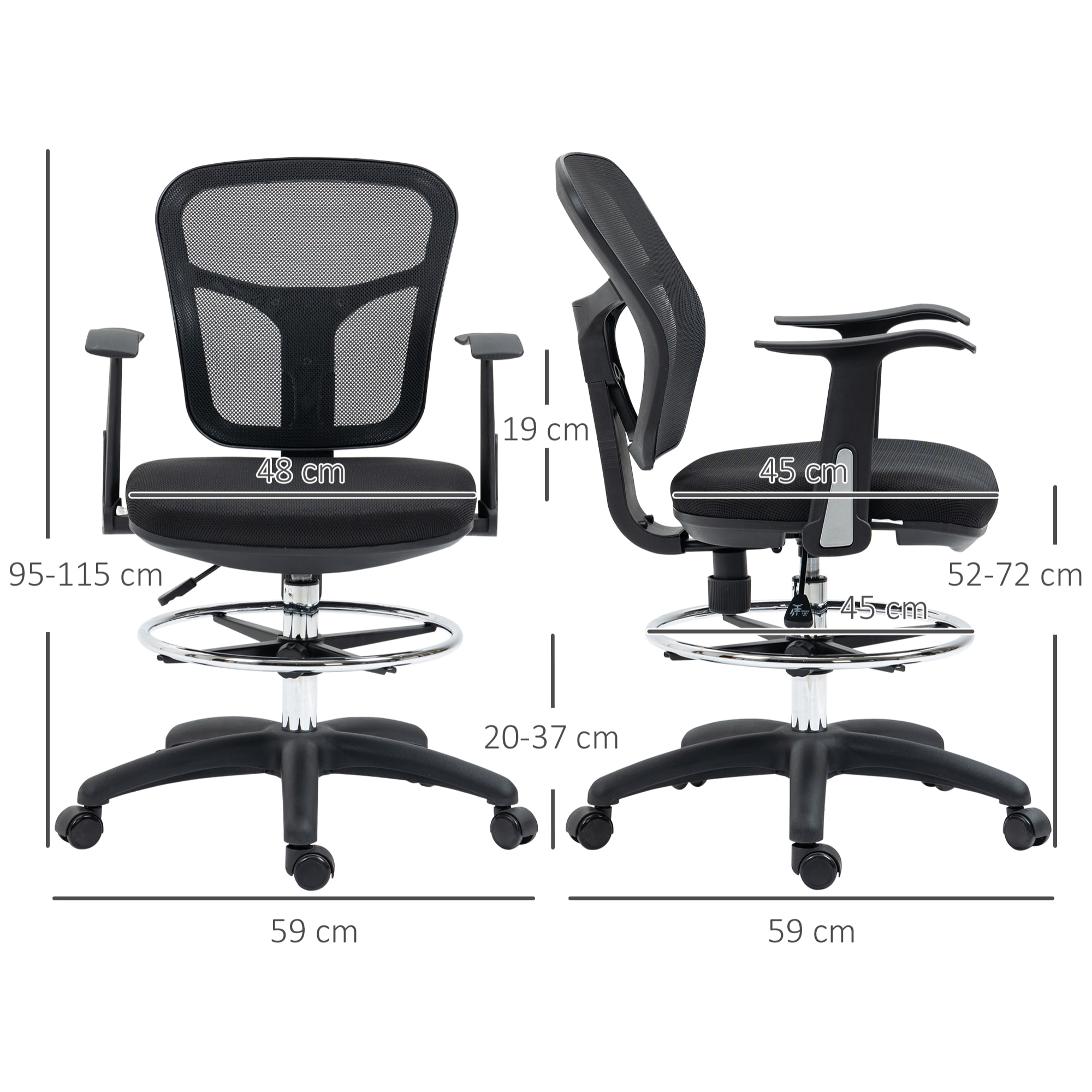 Silla de Dibujo Ergonómica de Malla Silla de Escritorio Giratoria con Reposabrazos Anillo de Reposapiés Ajustable y Altura del Asiento para Salón Oficina 59x59x95-115 cm Negro