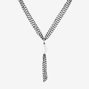 Collana Lunga Multifilo a Cravatta in Argento 925 placcato Oro Bianco 18Kt con Spinelli Neri e Perla Scaramazza d'Acqua Dolce 26x16 mm