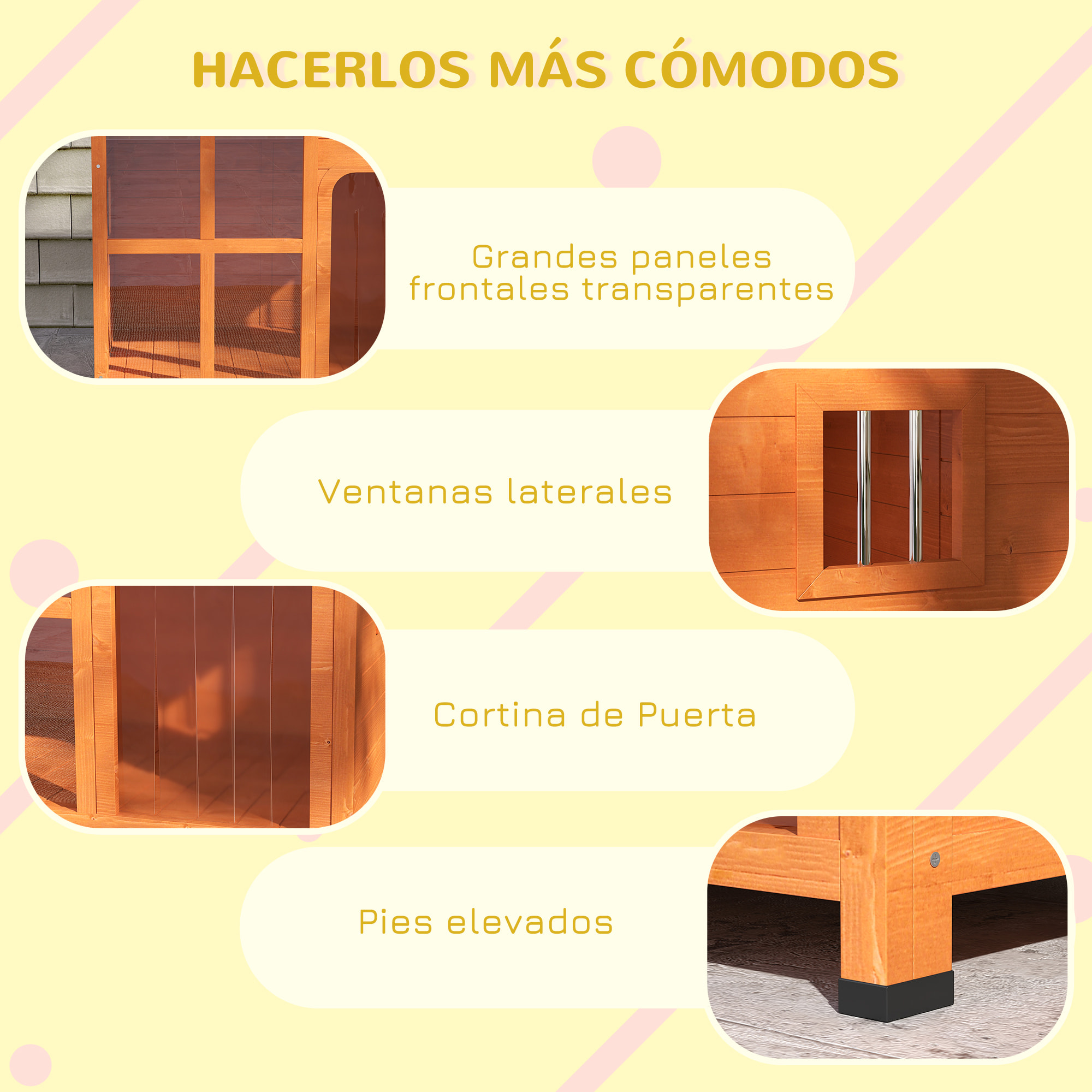 PawHut Caseta para Perros Exterior Casa para Perros Pequeños y Medianos con Techo Asfáltico Abatible Puerta con Cortina Panel Frontal Transparente y Base Extraíble 90x62x71 cm Natural