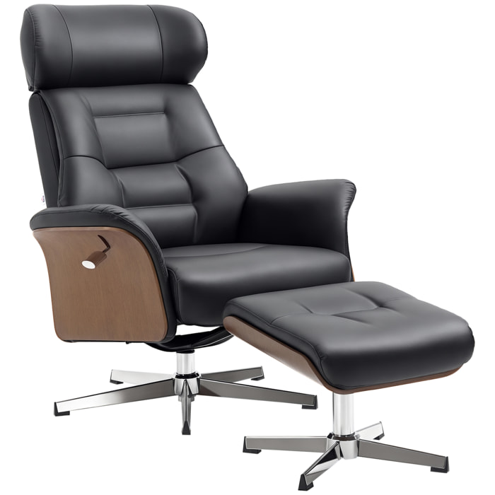 Fauteuil relax avec repose-pieds - ensemble lounge chair design - acier chromé bois eucalyptus synthétique noir