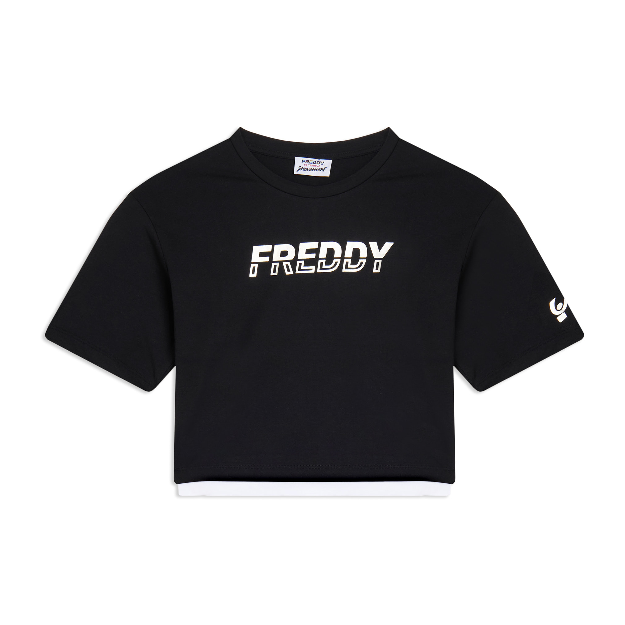 T-shirt cropped con inserto a contrasto e logo perlato