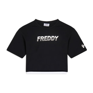 T-shirt cropped con inserto a contrasto e logo perlato