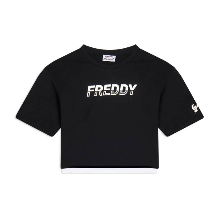 T-shirt cropped con inserto a contrasto e logo perlato