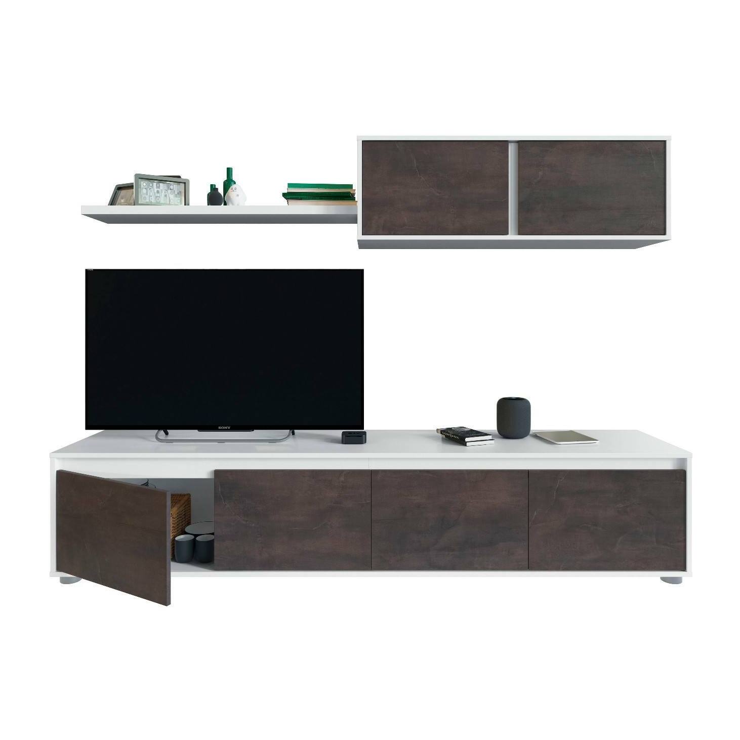 Parete attrezzata Amir, Mobile da soggiorno porta TV, Composizione set salotto, Set salotto con pensile, 200x41h43 cm, Bianco e Ossido