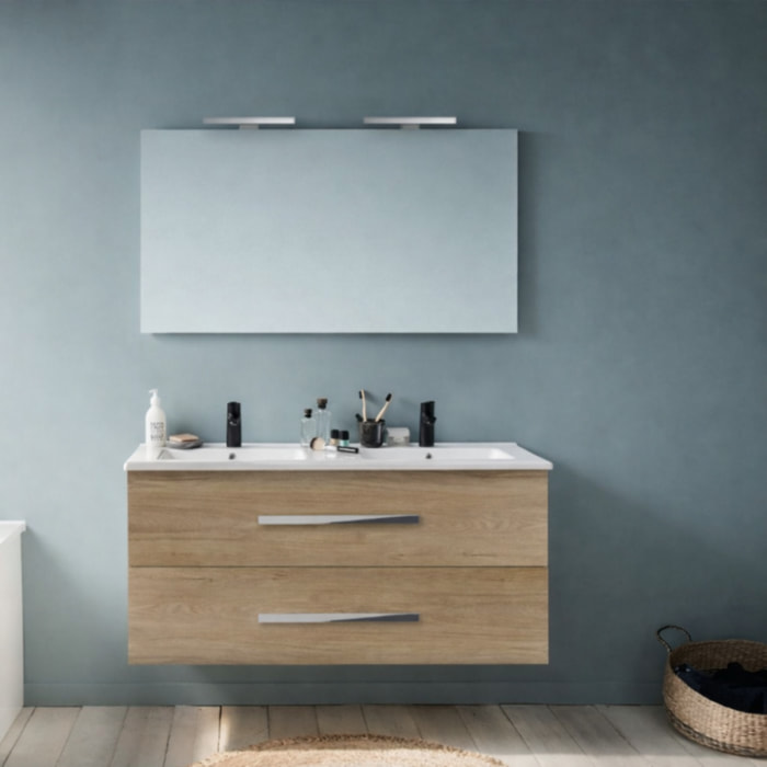 Meuble double vasque 120 cm Ola Up chêne colorado avec miroir et spot