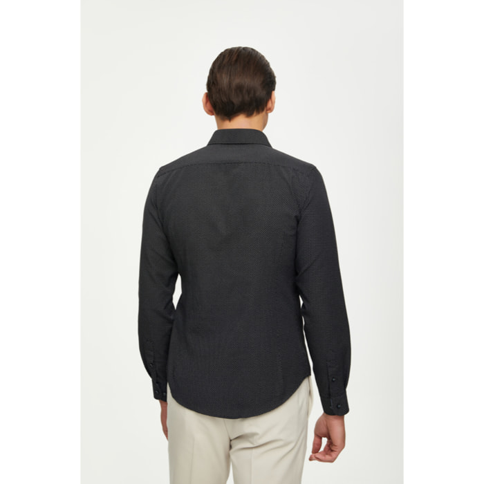 Camicia Uomo 1 Bottone Francese Slim Cotone Poliestere Stampato Nero/Grigio Scuro