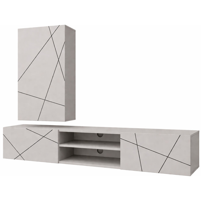 Parete Attrezzata Mobile Porta TV Colonna Ante Push Open Vani Aperti Soggiorno Design Geometrico Moderno 180 x 45 x 180 Cm Cashmere Con Effetto Righe