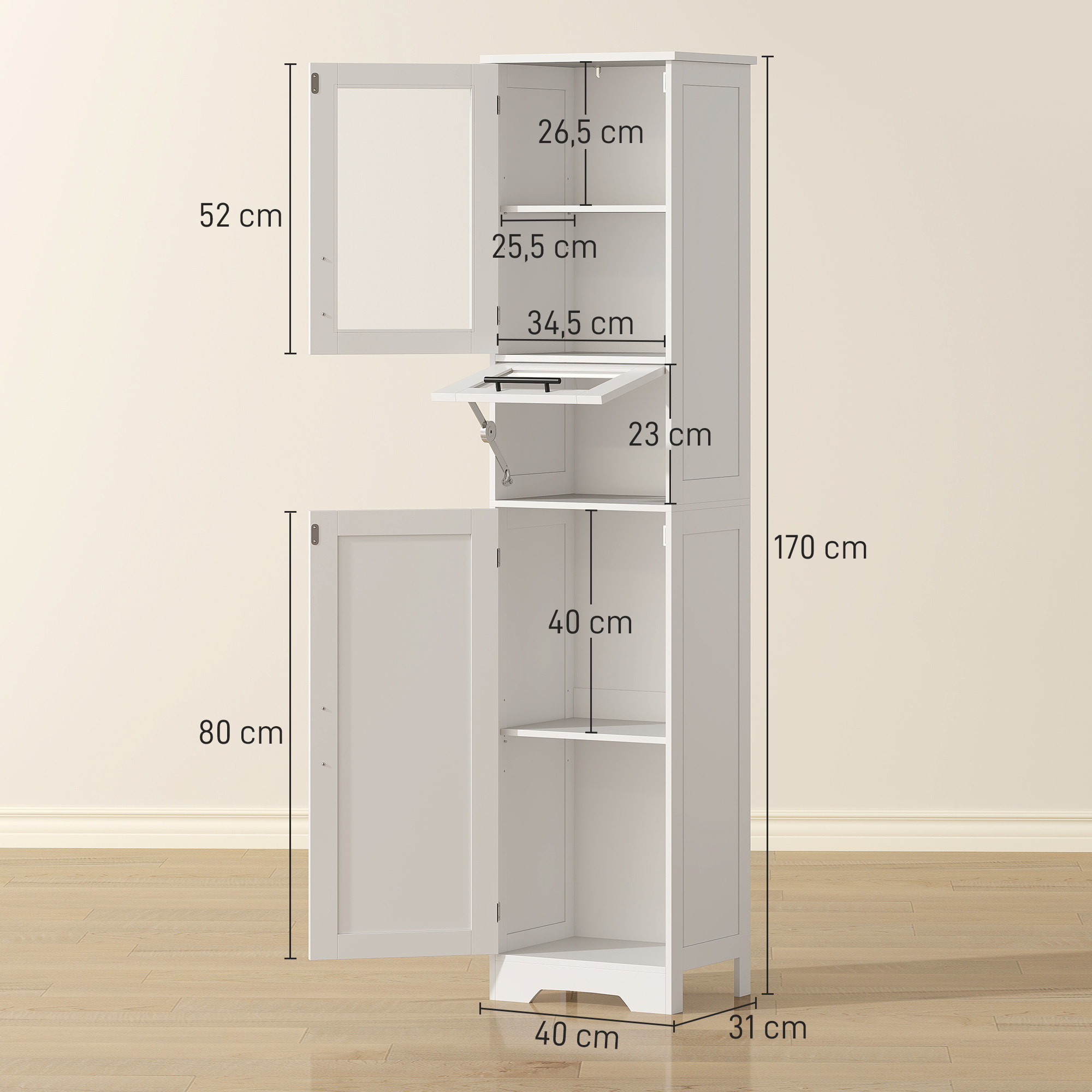 Armario de Baño Alto, Mueble Auxiliar de Baño con Puerta de Vidrio, Estantes Ajustables, Cajón, Columna Estrecha para Espacios Pequeños, 40x31x170 cm, Blanco