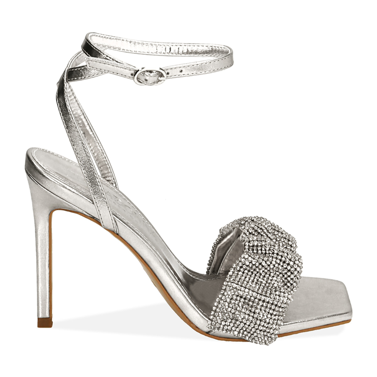 Sandalias plateadas con strass, tacón de 10,5 cm