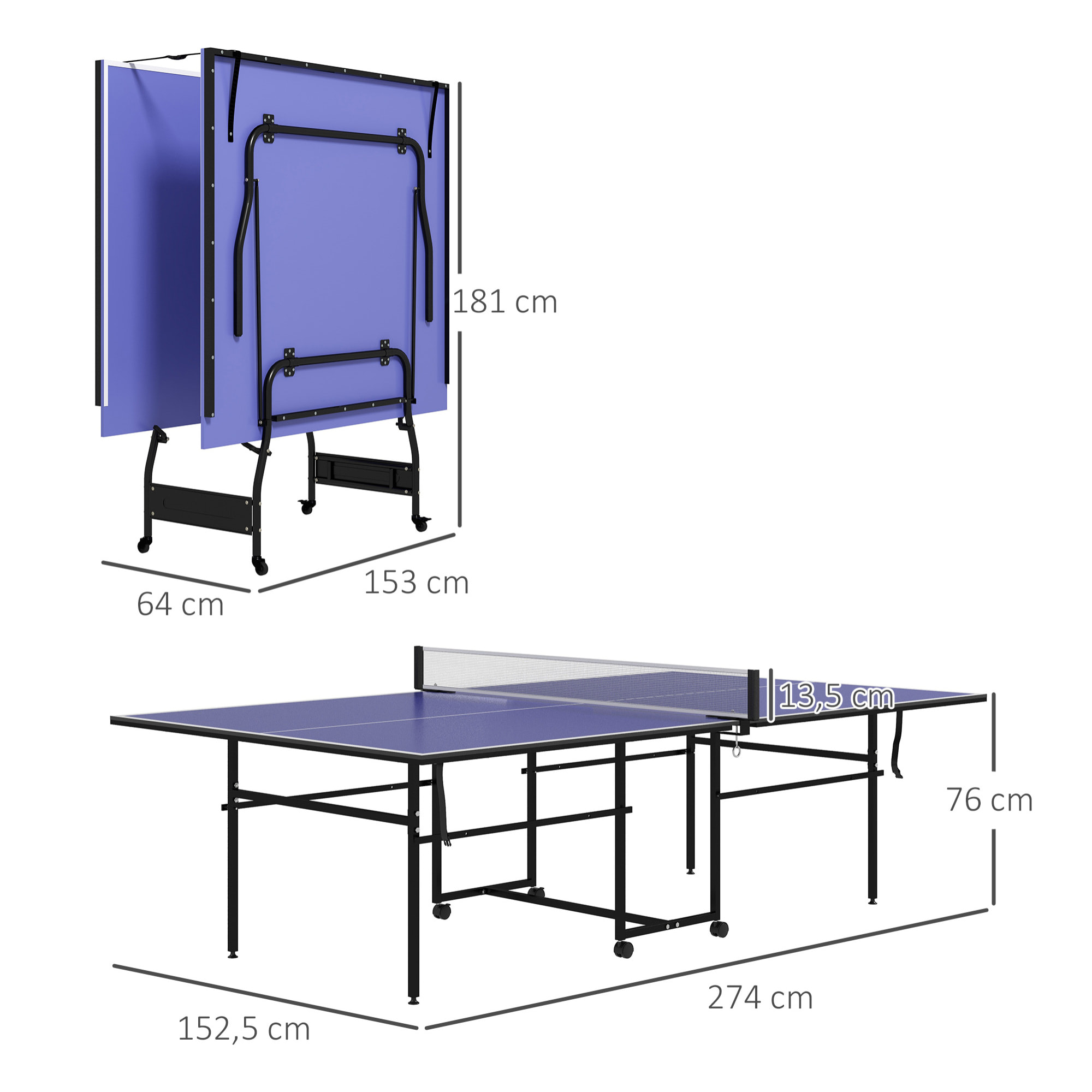 Mesa de Ping-Pong Plegable Mesa de Tenis Profesional Tamaño Estándar con 4 Ruedas Red 2 Paletas y 3 Pelotas para Interior y Exterior 274x152,5x76 cm Azul