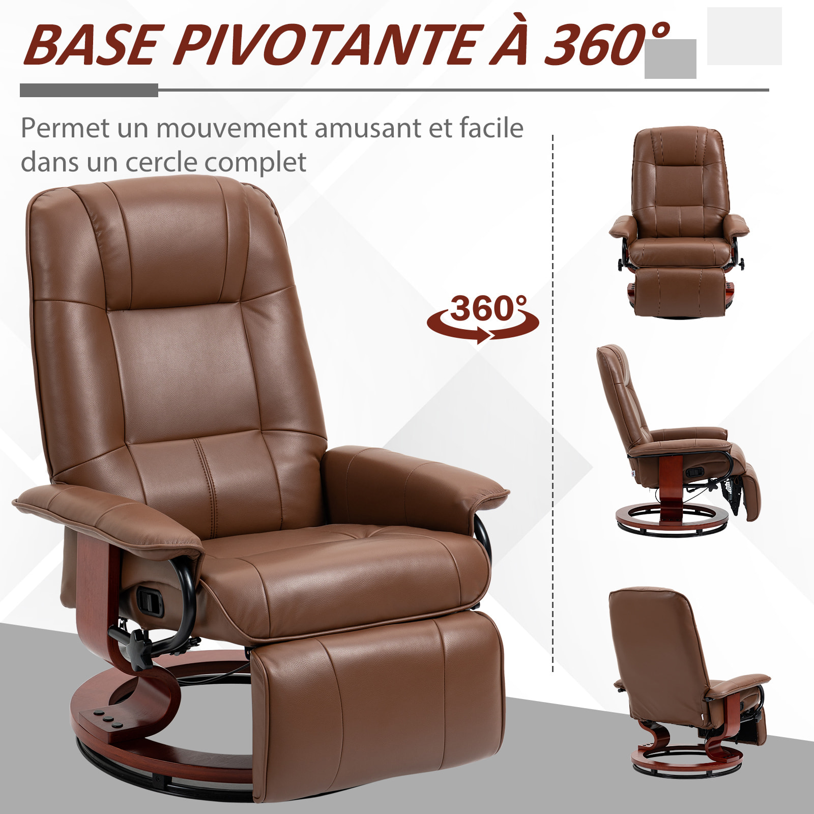 Fauteuil relax inclinable pivotant repose-pied réglable piètement bois revêtement synthétique marron