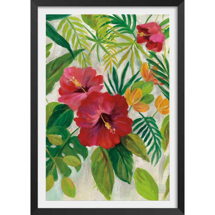 Poster Hibiscus des tropiques Affiche + cadre en bois - Noir