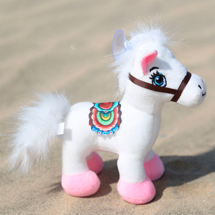 Peluche extra morbido e soffice con ventosa. Design pony con sella. 17 cm.