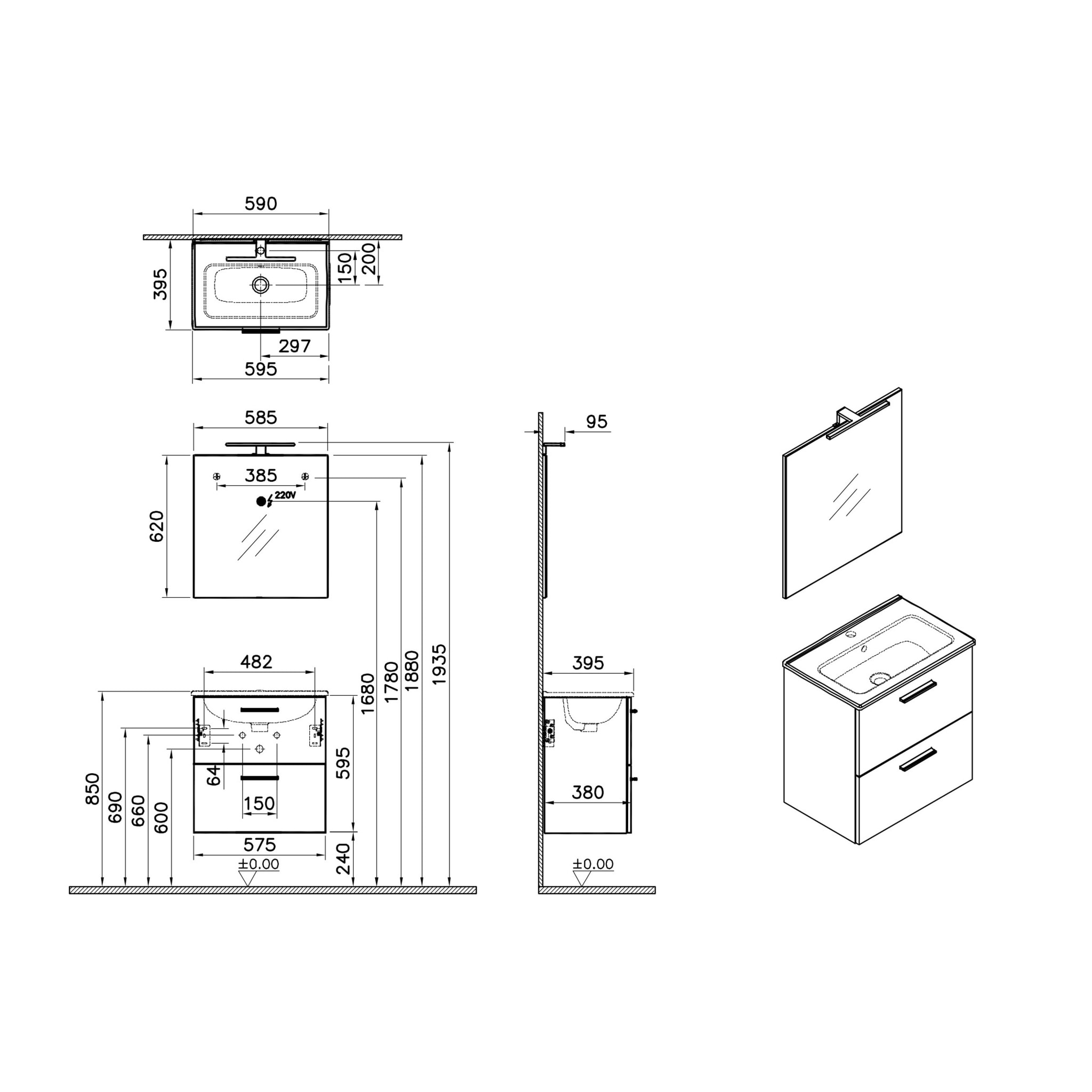 Lot de 4 meubles de salle de bain Mia 60 cm avec miroir, lavabo et éclairage LED, finition Cordoba (MIASET60C-GVP04)