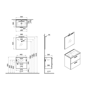 Lot de 4 meubles de salle de bain Mia 60 cm avec miroir, lavabo et éclairage LED, finition Cordoba (MIASET60C-GVP04)