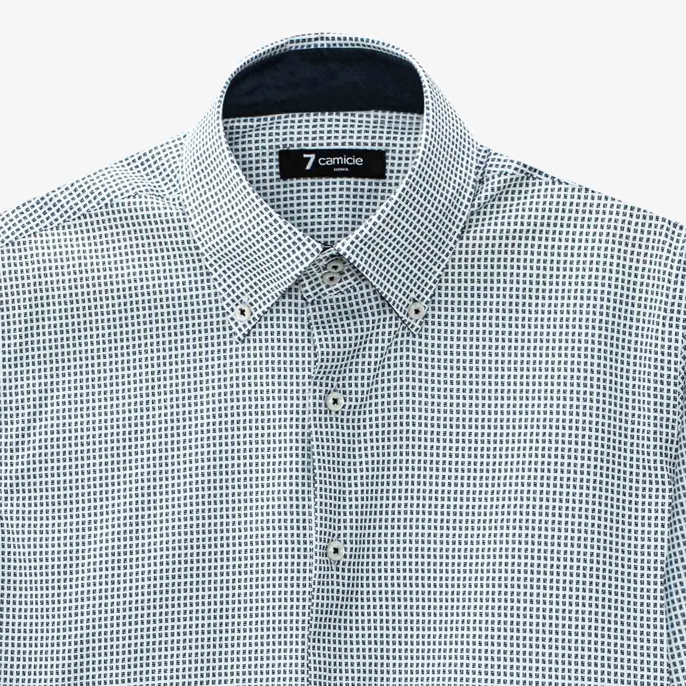 Camicia Uomo 2 Bottoni Button Down Slim Popeline Stampato Bianco e Blu