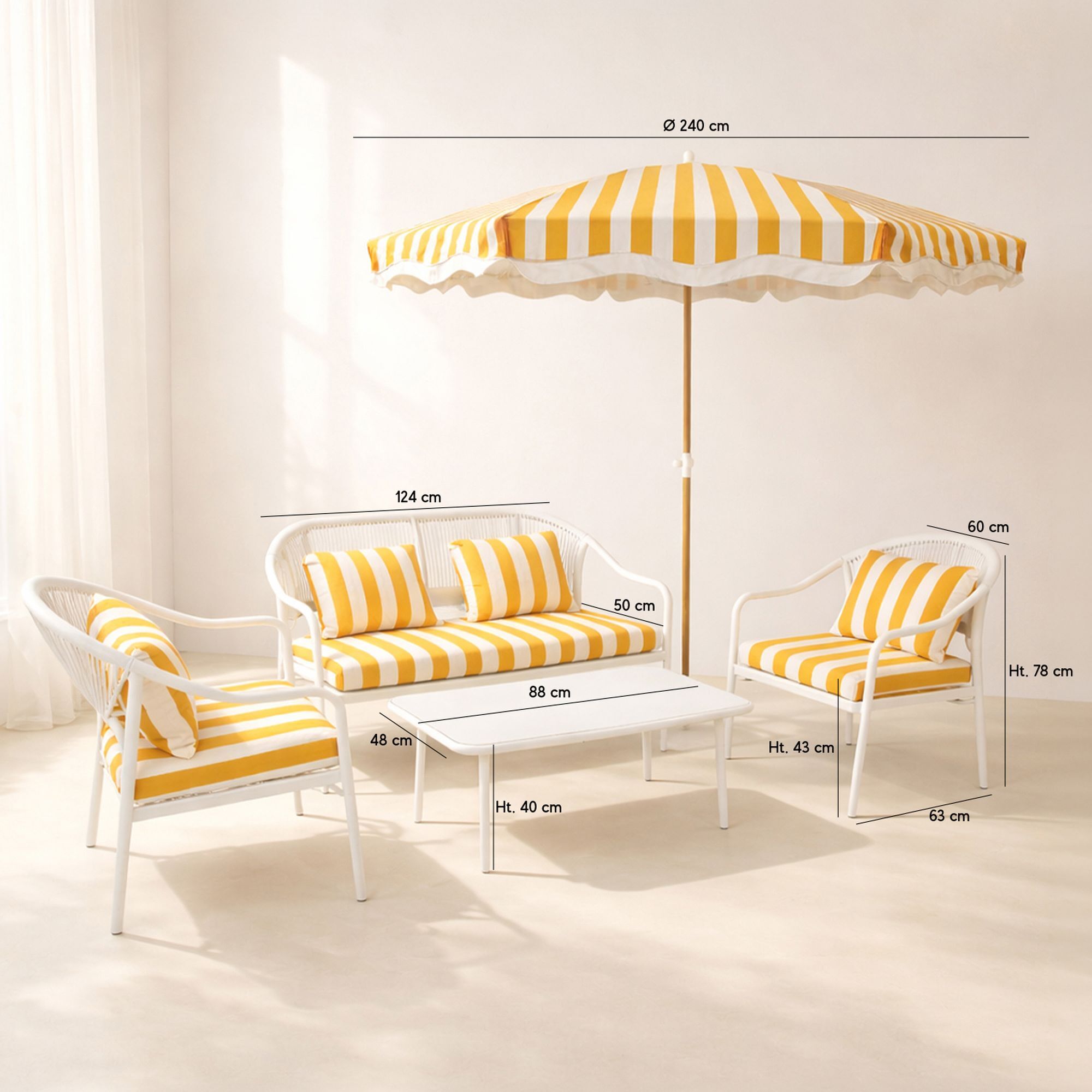 Ensemble salon jardin en acier + parasol blanc et bouton d or positano