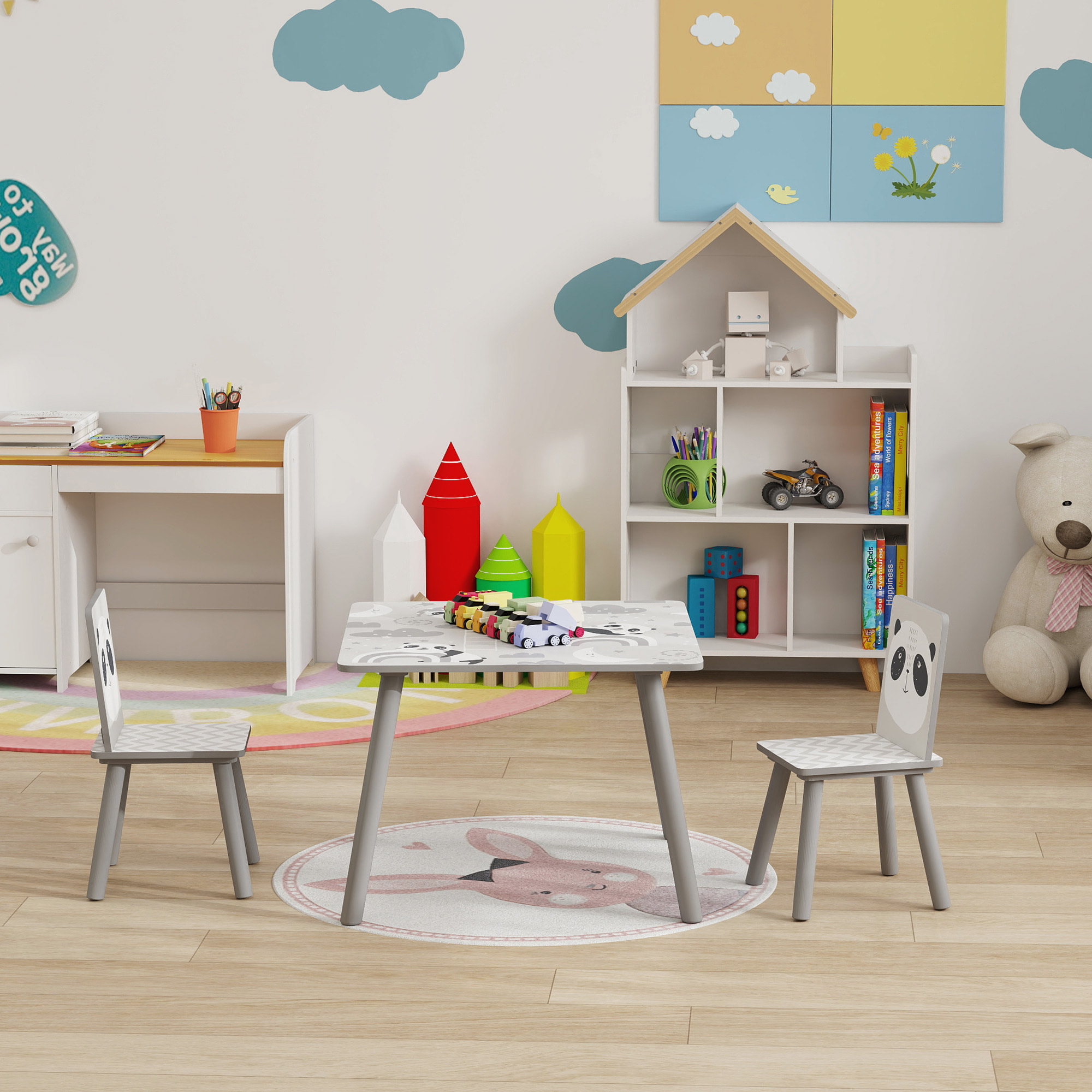 Mesa y Sillas Infantiles de 3 Piezas Mesa Infantil con 2 Sillas Juego de Muebles para Actividades para Niños de 3-8 Años para Dormitorio Sala de Juegos Gris y Blanco