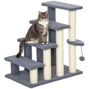 Escalera para Gatos de 4 Niveles Escalera para Mascotas Cubierto de Suave Felpa Poste de Sisal Bola Colgante Árbol Rascador para Gatos 60x40x64 cm Gris