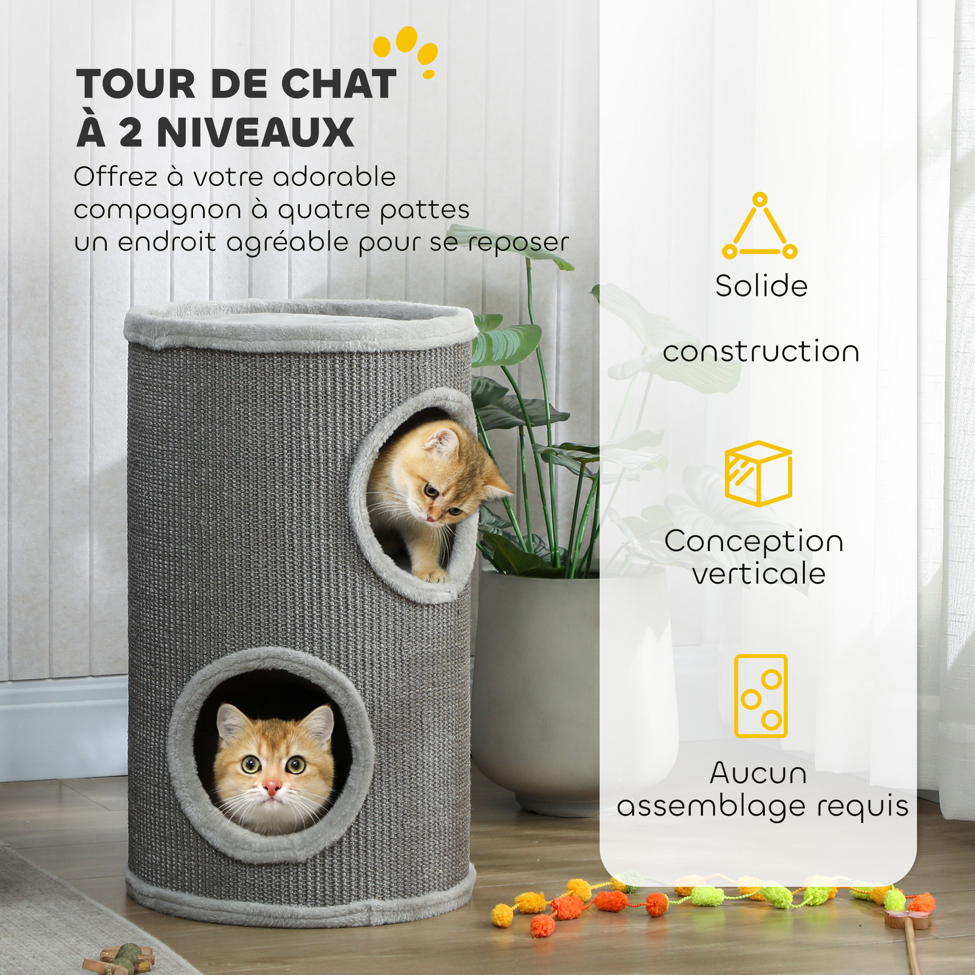 Arbre à chat cylindrique - tour à griffer pour chat - tonneau griffoir - 2 niches + plateforme - sisal peluche gris