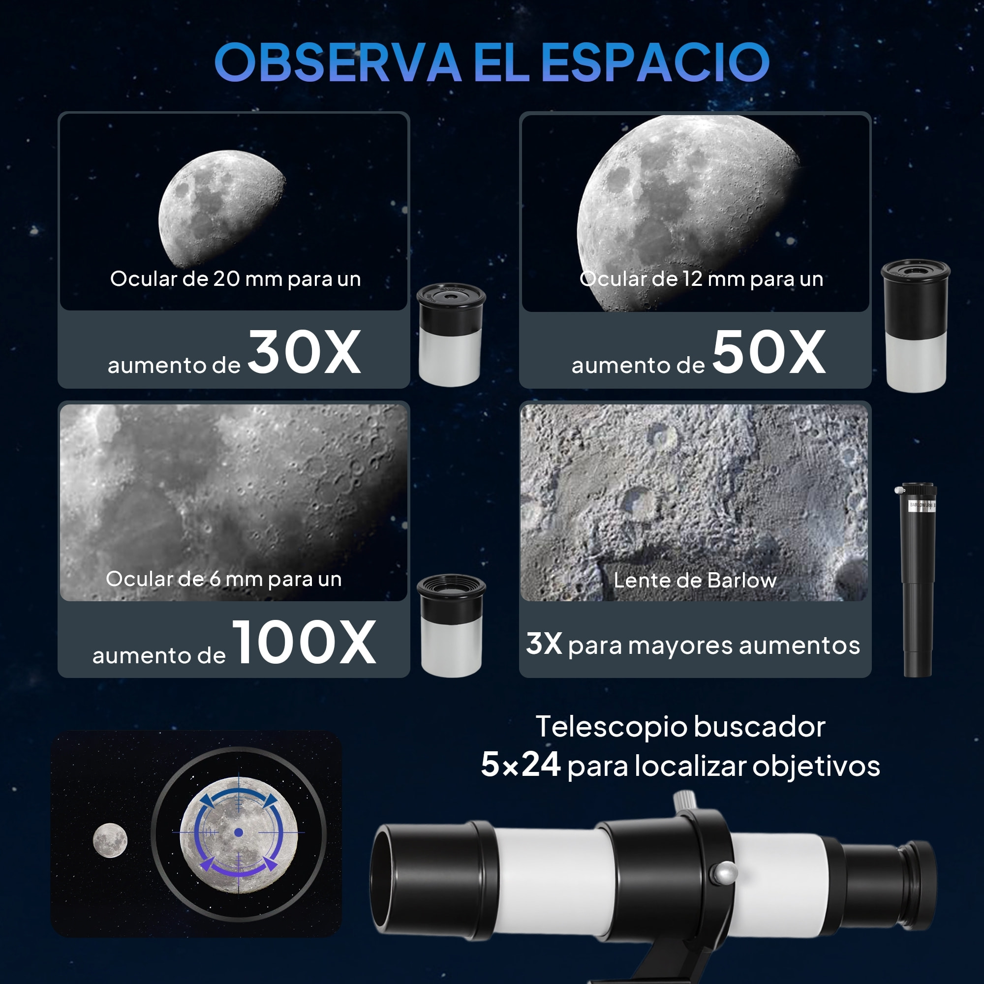 Telescopio Astronómico para Adultos y Principiantes, Apertura de 70 mm, 30X-300X, 300 mm Telescopio Refractor Astronómico Portátil, con Lente Barlow 3X, Nivel y Trípode Ajustable de Aluminio