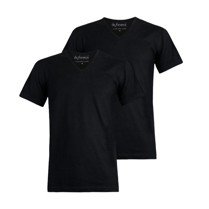 2 Maglie Termiche Uomo Manica Corta Scollo a V 100% Cotone De Fonseca, Art. DEFTVU132, Nero