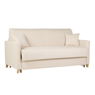 Canapé convertible 3 places en tissu beige et bois clair avec matelas 18 cm SKANDY