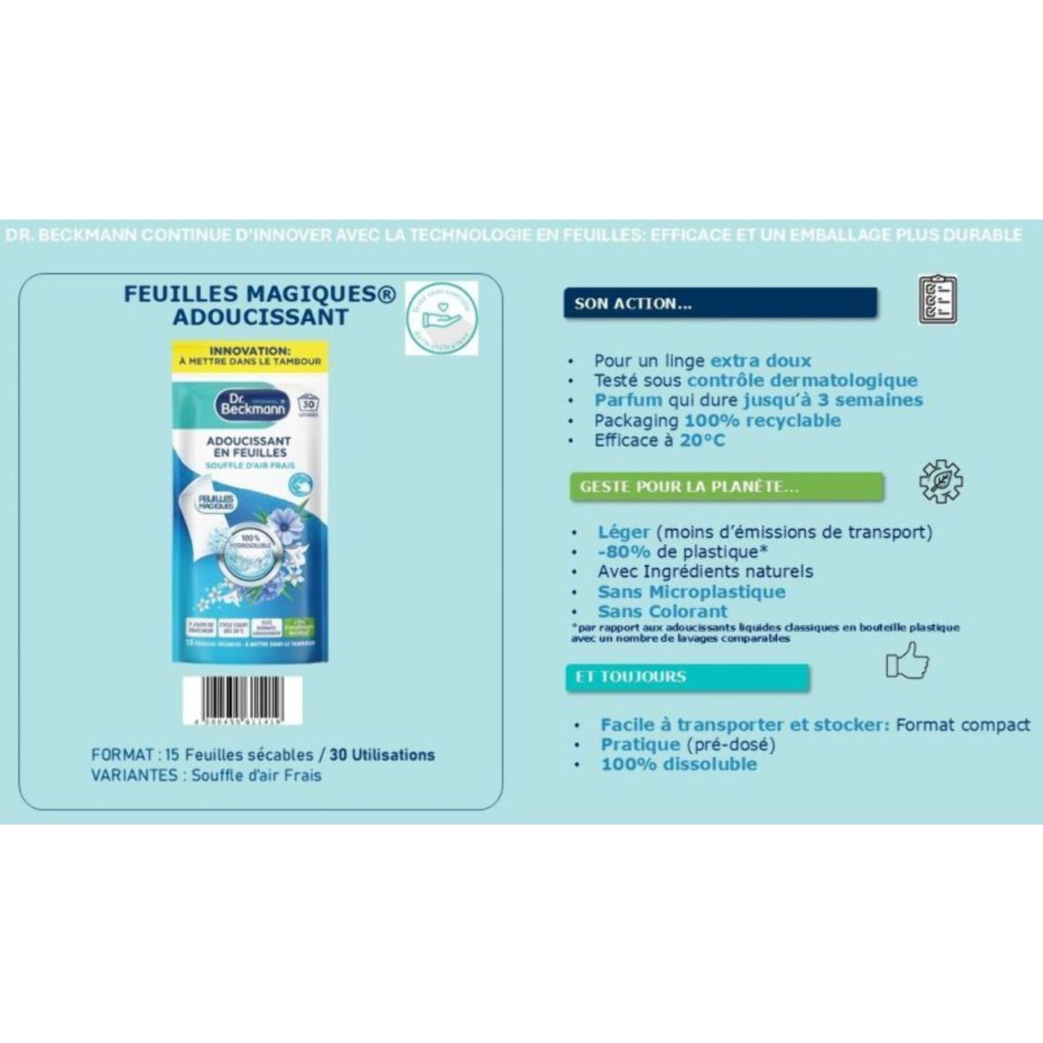 Adoucissant DR BECKMANN Feuilles Magiques - Adoucissant en Feuilles - Souffle d'Air Frais x30 lavages