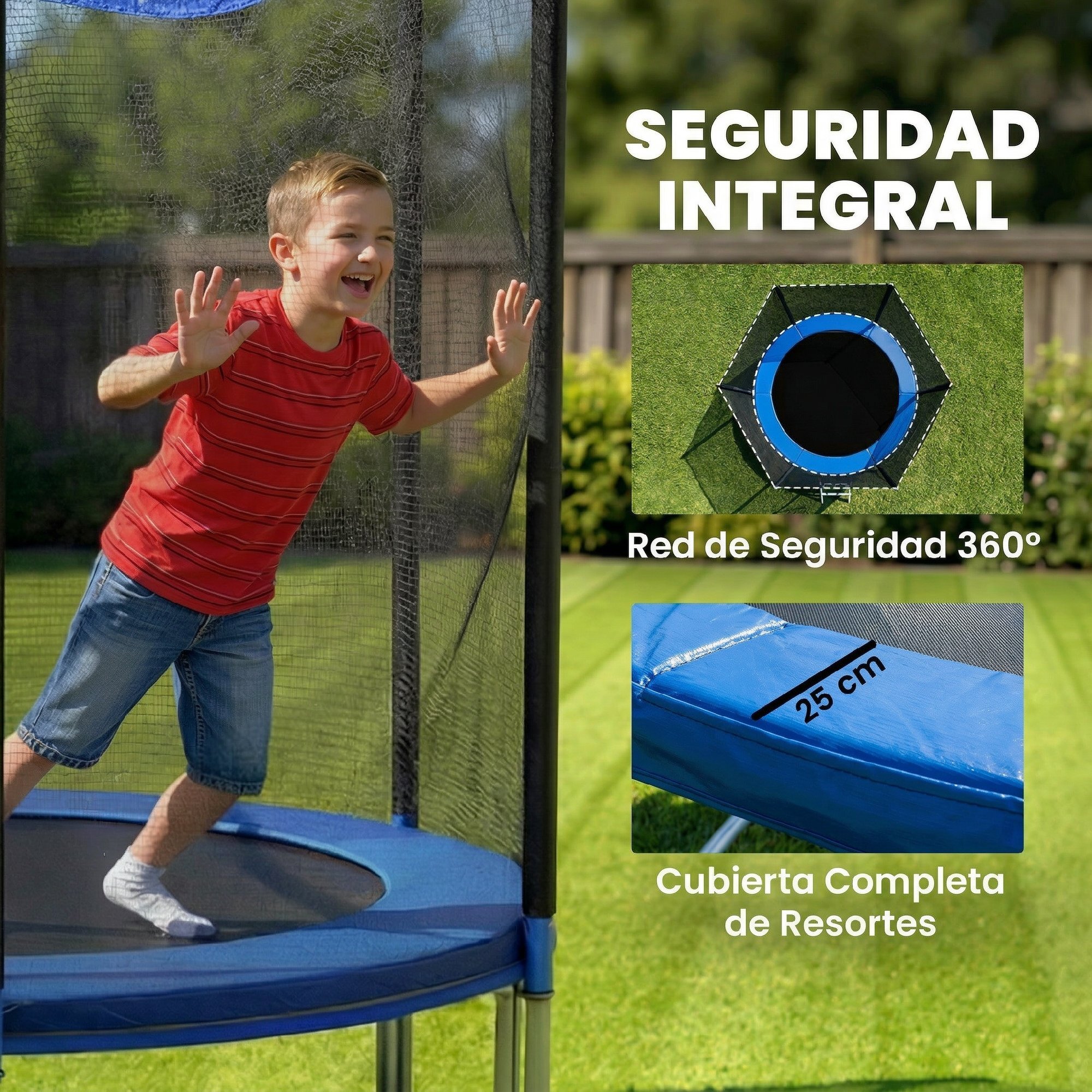 Cama Elástica para Niños Exterior Ø305 cm, Trampolín para Niños de +6 Años con Red de Seguridad, Escalera, Acolchado de Muelles y Marco de Acero Galvanizado, Carga 120 kg
