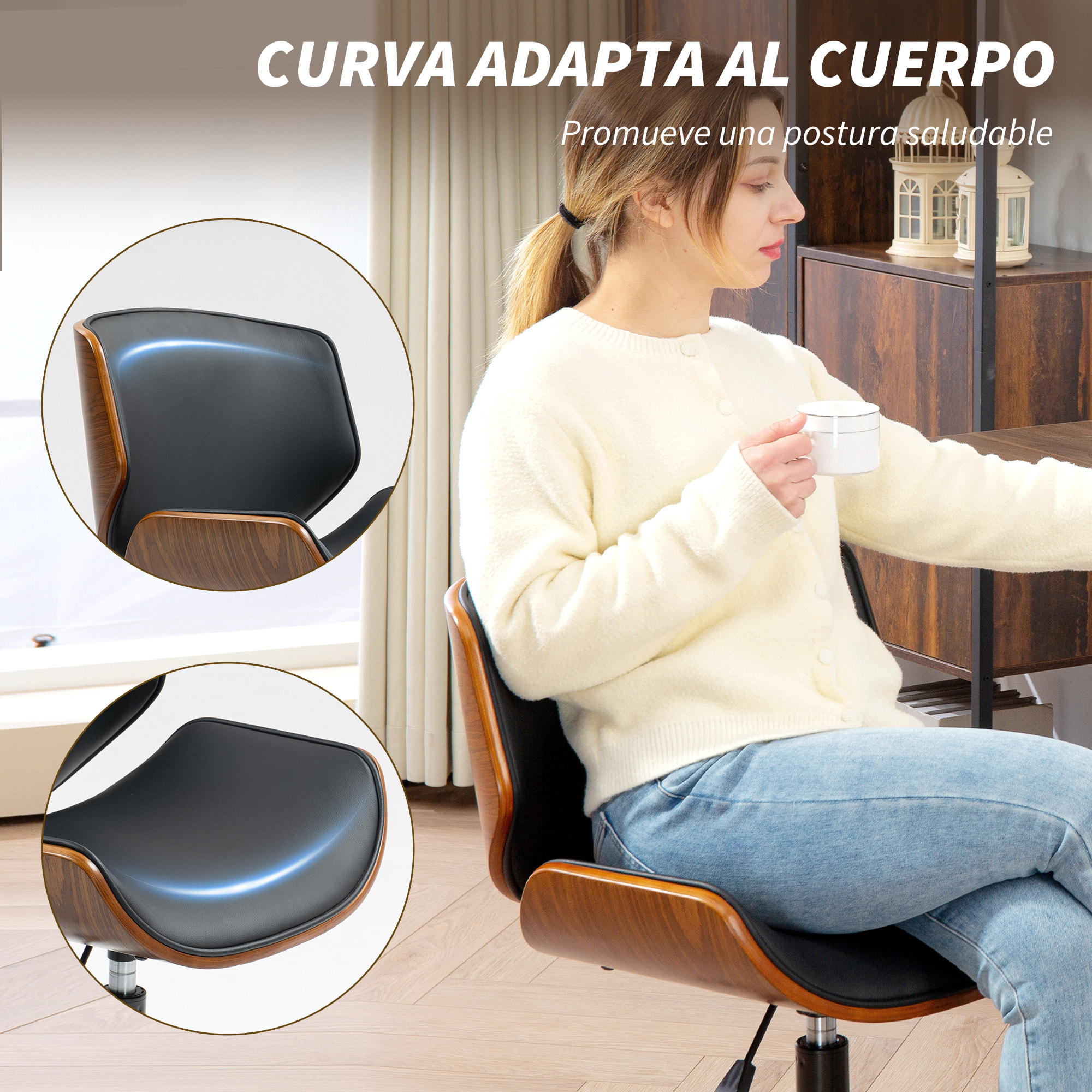 Silla de Oficina sin Brazos Silla de Escritorio Vintage Giratoria Tapizada en PU Madera Curvada Altura Ajustable Respaldo Curvado Negro y Marrón