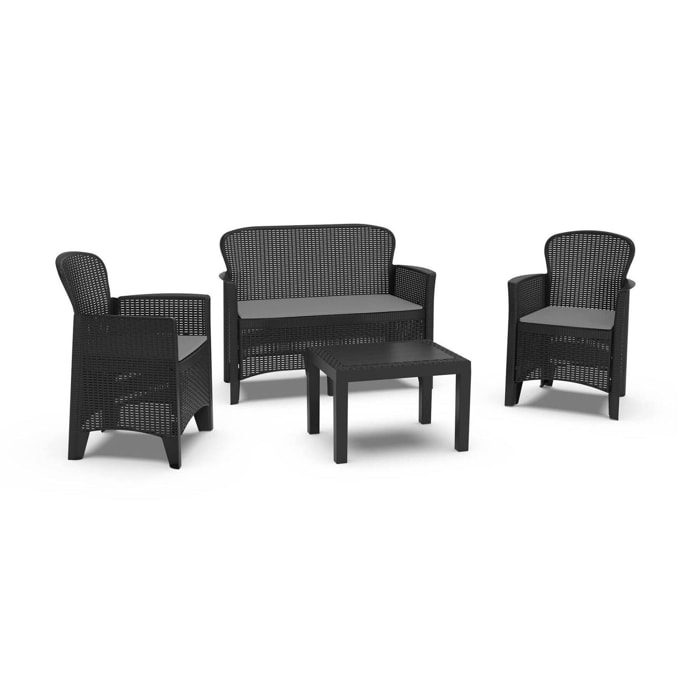 Set salotto da esterno Alesandro, Set da giardino con 2 poltrone, 1 divano ed 1 tavolino, Salottino effetto rattan con cuscini, 100% Made in Italy, Antracite