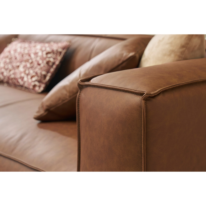 Canapé d'angle gauche vintage 4-5 places en cuir marron et bois noir COBAIN