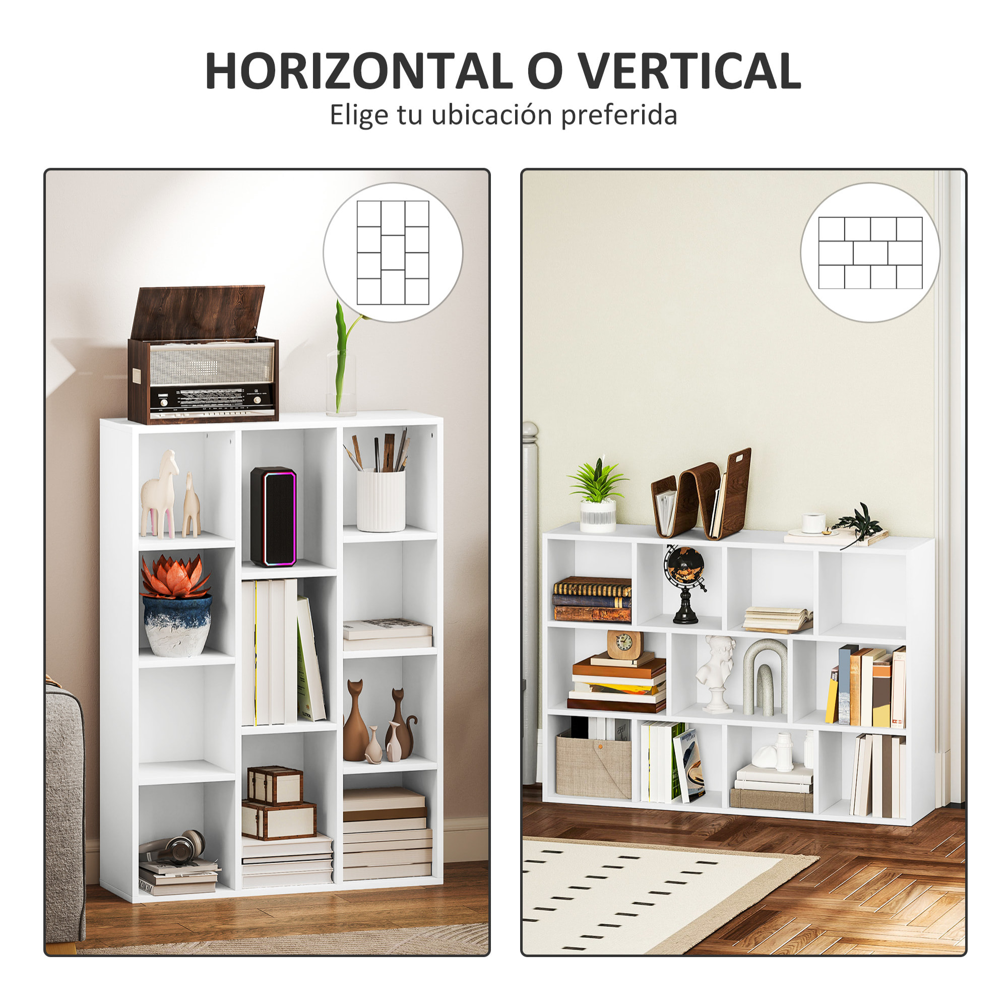 Librería de 4 Niveles Estantería de Libros con 11 Compartimentos Diseño Vertical u Horizontal para Sala de Estar Oficina Dormitorio 74,3x24x106 cm Blanco
