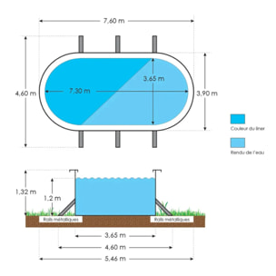 Piscine hors sol acier ovale 7,30 x 3,65 x 1,32 m blanche SAPHIR