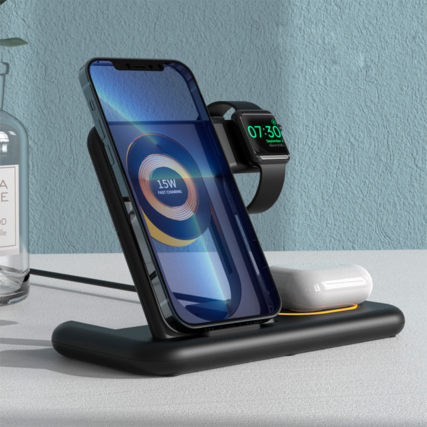 Base di ricarica pieghevole 5 in 1. Base Magsafe regolabile da 15 W, caricabatterie per Apple Watch e base Qi. Con luce notturna touch. Funzione supporto.