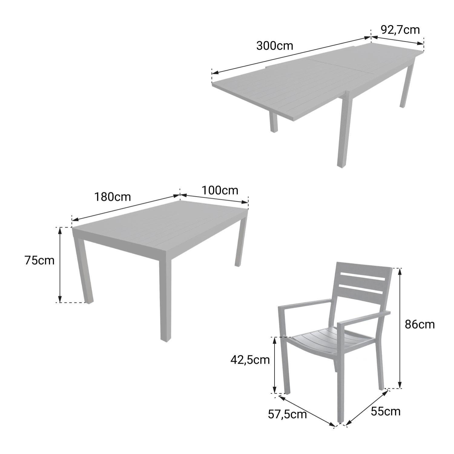 Salon de jardin VENEZIA extensible 180/300 en aluminium 10 places - blanc