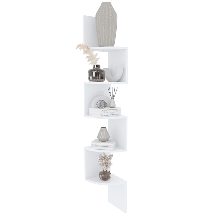 Libreria Angolare Scaffale 5 Ripiani Legno MDF Mensole Espositive da Parete Design Moderno Elegante Casa Soggiorno Salotto Studio 123x20x20 cm Bianco