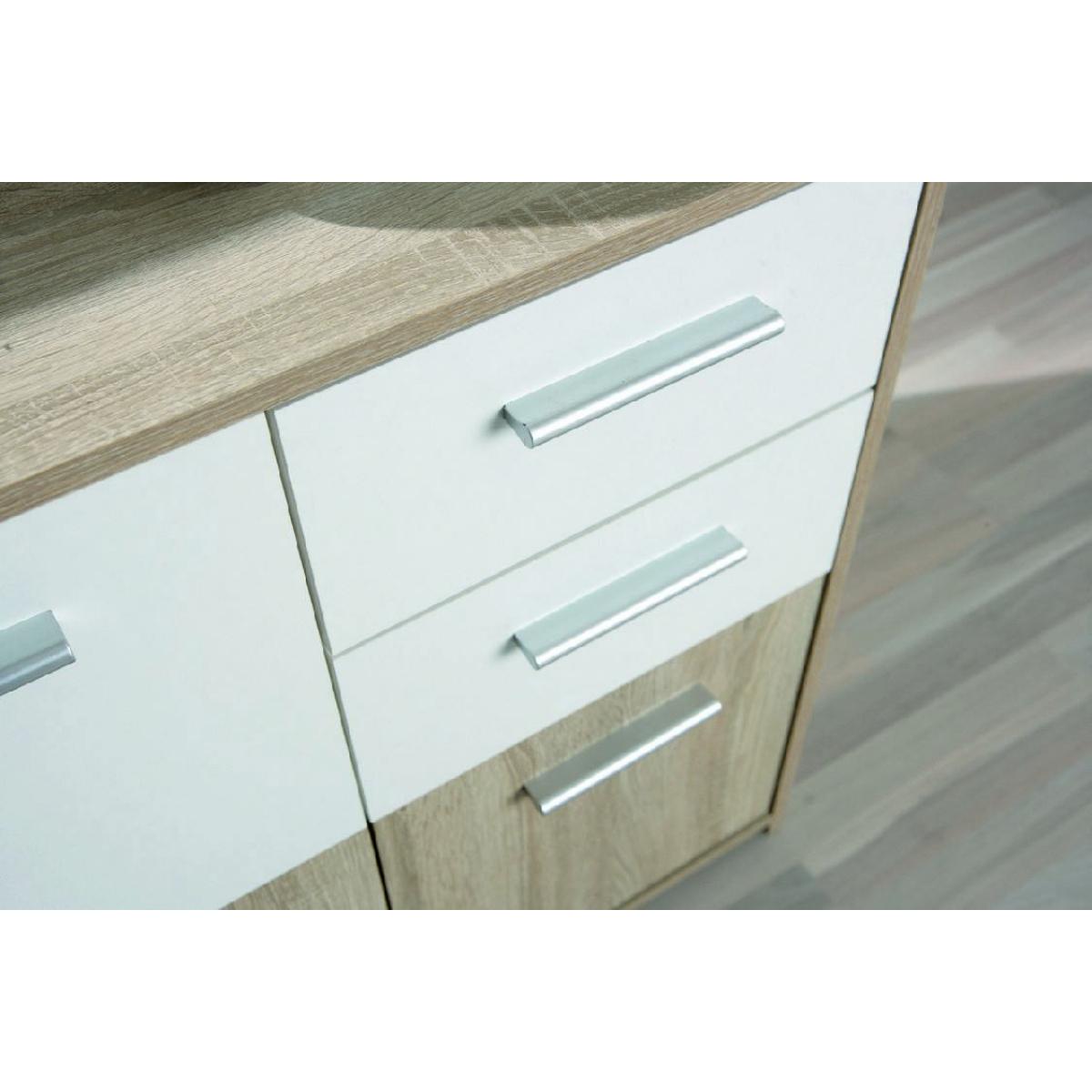 Credenza a tre ante e due cassetti, colore bianco e rovere, Misure 77 x 77 x 30 cm