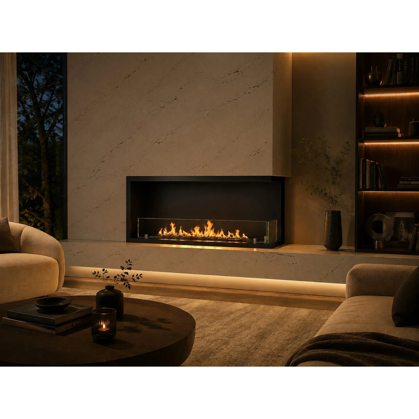 Urano 120 - Camino a Bioetanolo da Incasso Angolare Destro 120x50x30 cm con Bruciatore 3lt in Acciaio
