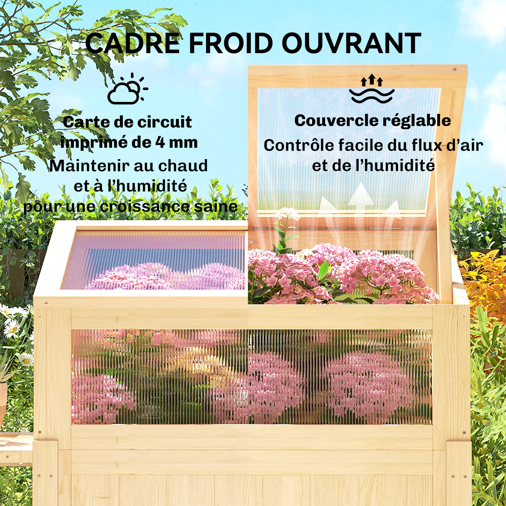 Carré potager sur pieds avec serre en bois naturel