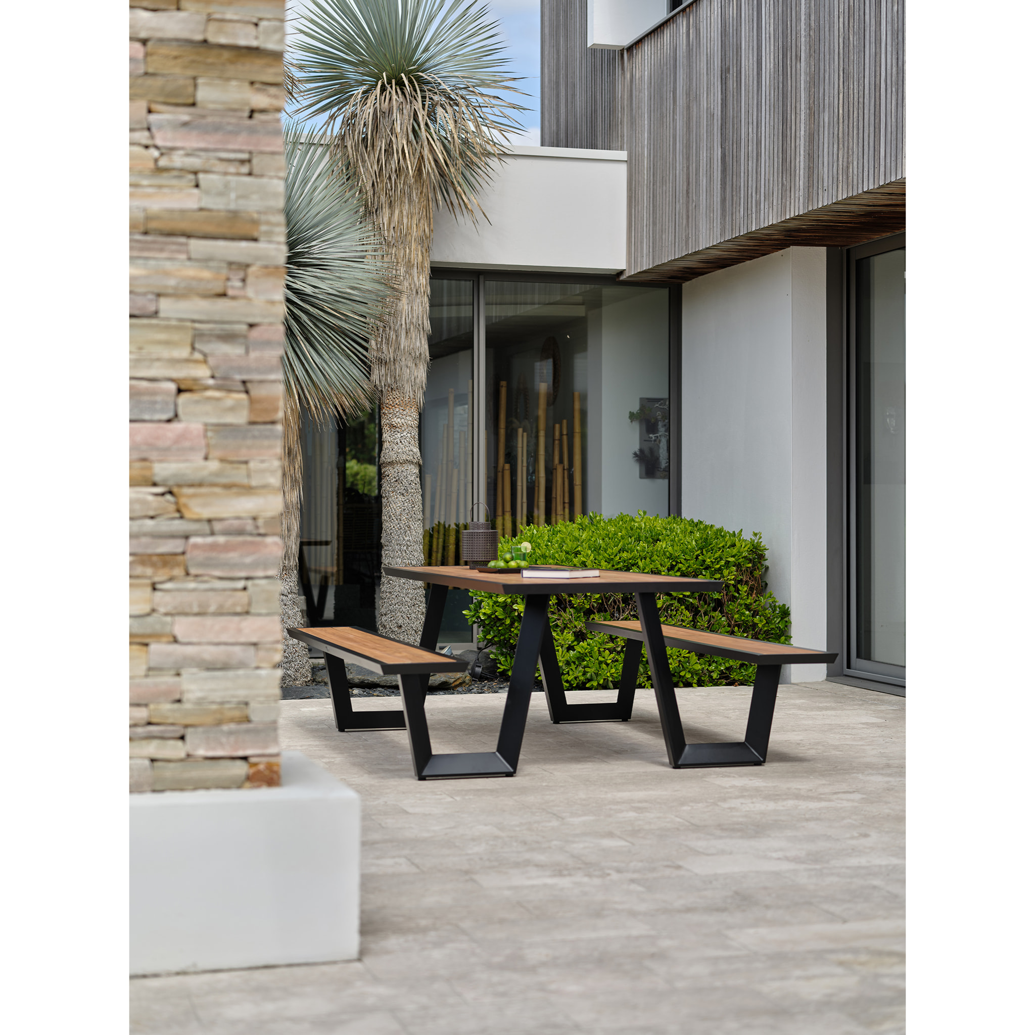 TORONTO - Table avec bancs en aluminium gris anthracite et teck
