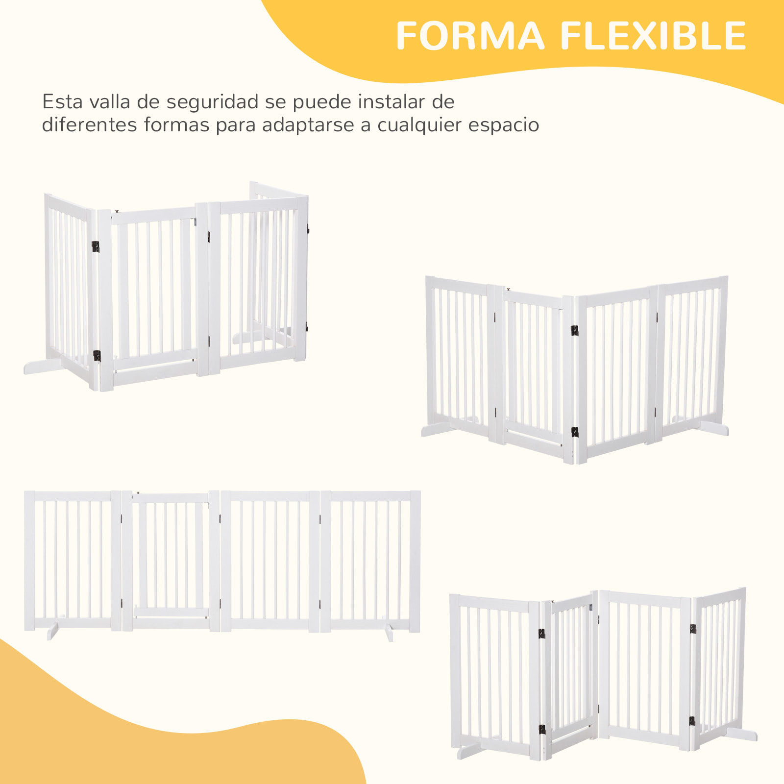 Barrera de Seguridad para Perros de Madera Plegable, para Escaleras y Puertas, Valla para Perros Pequeños y Medianos de 4 Paneles, con Soporte de Pie, para Interiores, 204x36x75 cm, Blanco