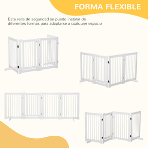 Barrera de Seguridad para Perros de Madera Plegable, para Escaleras y Puertas, Valla para Perros Pequeños y Medianos de 4 Paneles, con Soporte de Pie, para Interiores, 204x36x75 cm, Blanco