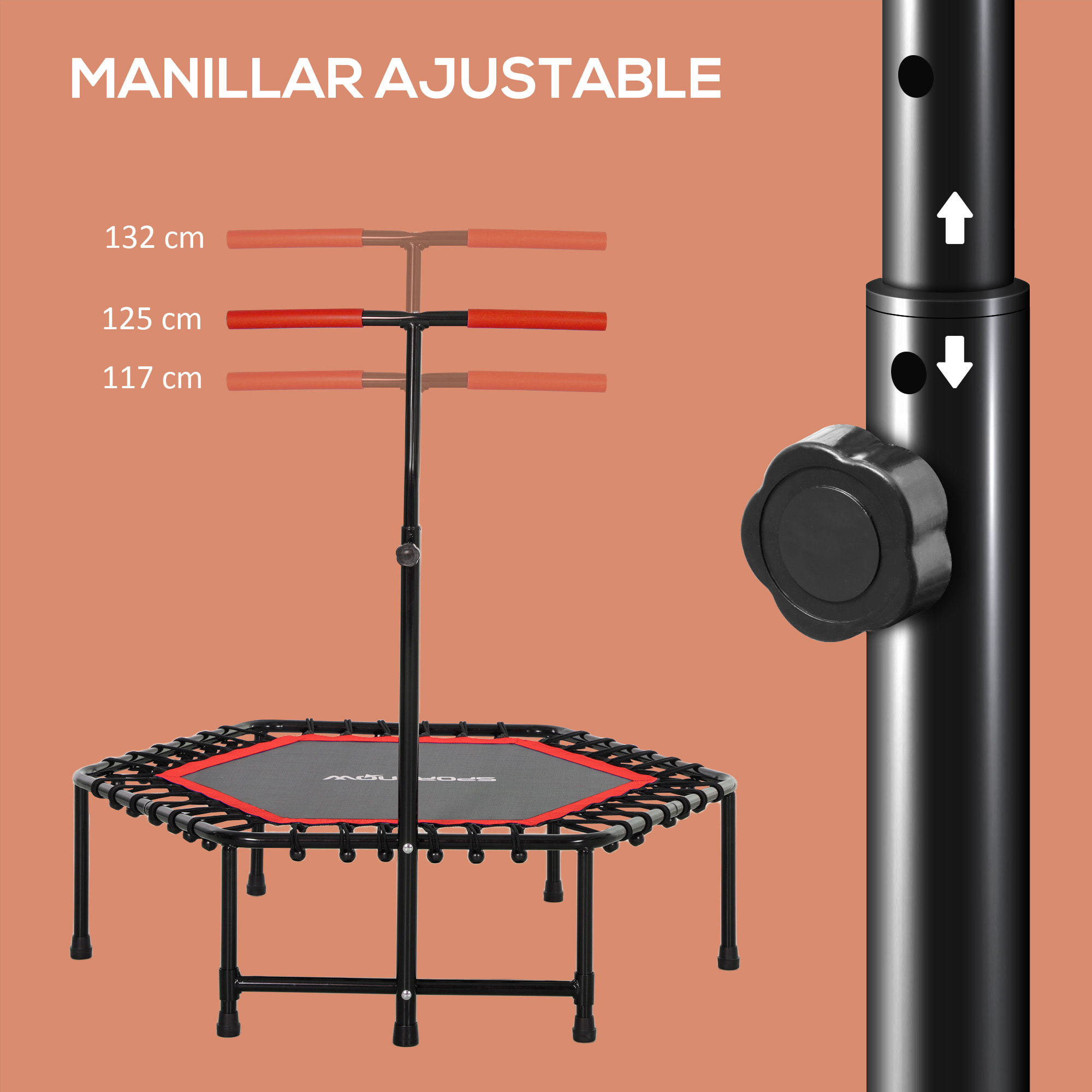 Trampolín de Fitness 114x114x132 cm Cama Elástica Fitness con Mango Ajustable de 3 Niveles Marco de Acero para Entrenamiento Piernas Cuerpo en Hogar Oficina Gimnasio Rojo