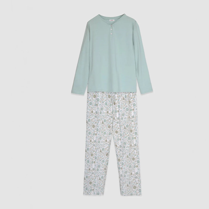 Pigiama lungo in cotone con scollo a V melodi azzurro acqua
