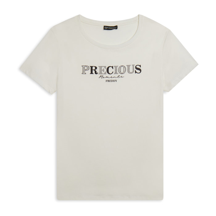 T-shirt con scritta Precious Moments in strass
