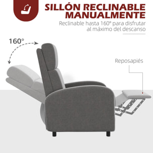 Sillón Relax Reclinable hasta 160° Sofá Reclinable Manual con Reposapiés Carga 120 kg para Salón Dormitorio Poliéster 64x86x102 cm Gris