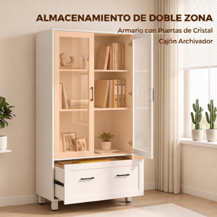 Archivador Vertical con Puertas de Cristal y Cajón, Armario de Oficina con 3 Estantes y Barras Ajustables para Archivos Tamaño A4, Carta y Legal, para Estudio, Salón, 75x40x141 cm, Blanco