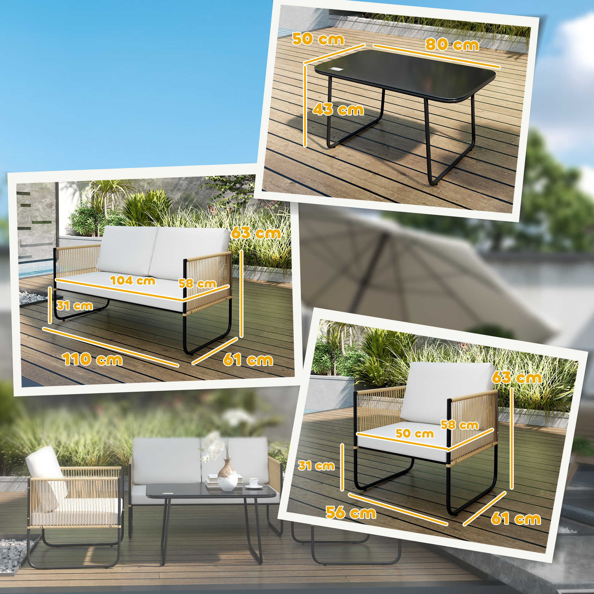 Salon de jardin 4 personnes 4 pièces style colonial acier noir résine filaire naturel